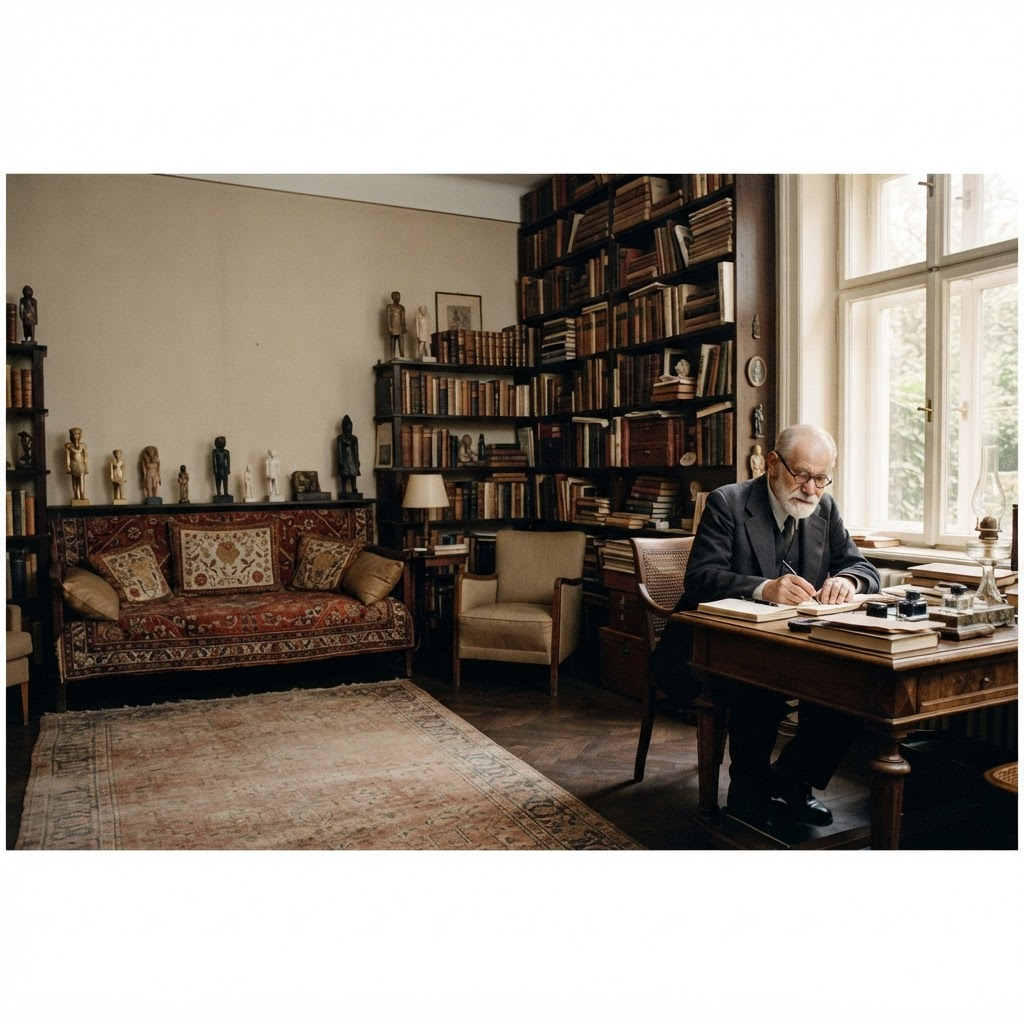Sigmund Freud em seu gabinete de estudos, entre livros e anotações