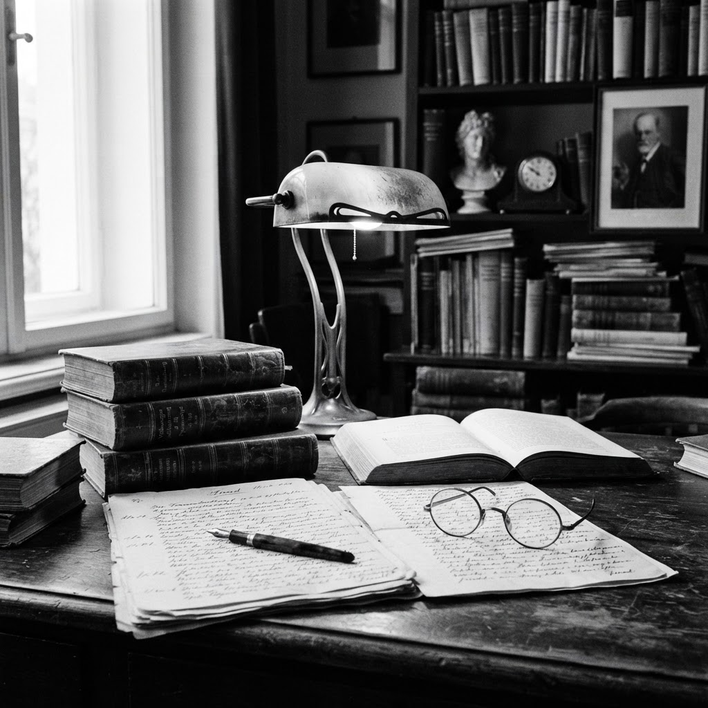 Livros, anotações e óculos sobre uma mesa de estudos